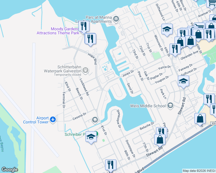 map of restaurants, bars, coffee shops, grocery stores, and more near 6 Legas Drive in Galveston