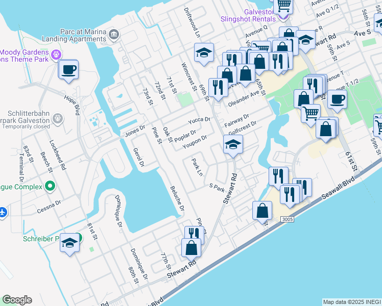 map of restaurants, bars, coffee shops, grocery stores, and more near 20 North Dansby Drive in Galveston