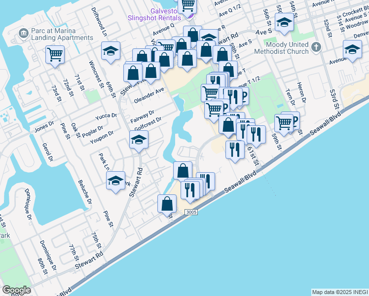map of restaurants, bars, coffee shops, grocery stores, and more near 6424 Central City Boulevard in Galveston
