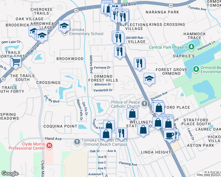 map of restaurants, bars, coffee shops, grocery stores, and more near 1211 Vanderbilt Drive in Ormond Beach