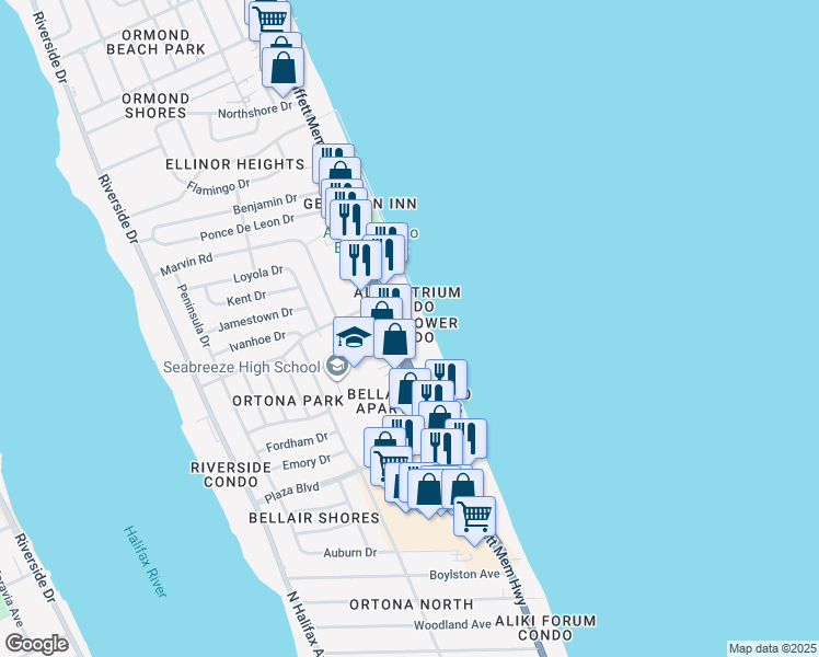 map of restaurants, bars, coffee shops, grocery stores, and more near in Daytona Beach