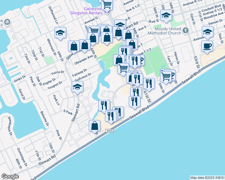 map of restaurants, bars, coffee shops, grocery stores, and more near 6424 Central City Boulevard in Galveston