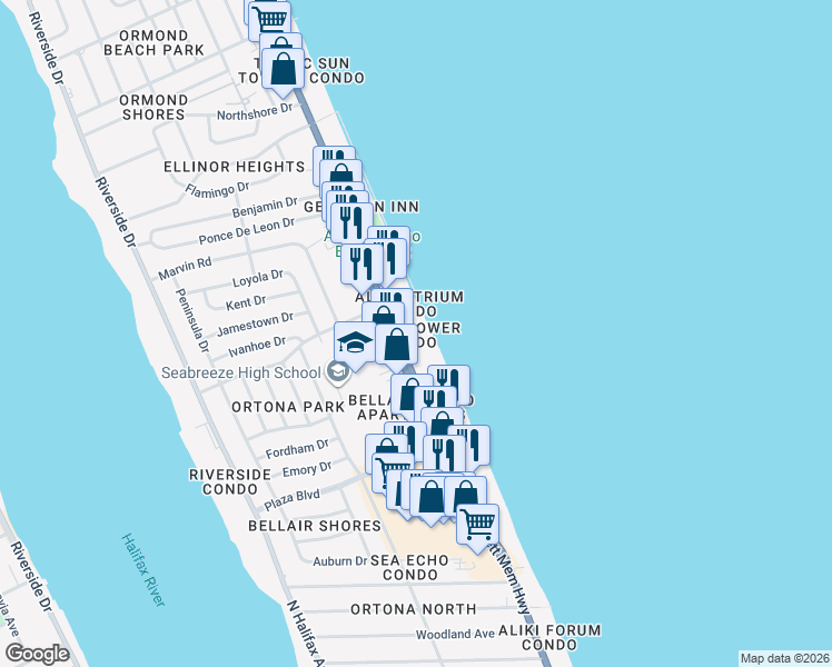 map of restaurants, bars, coffee shops, grocery stores, and more near 3000 North Atlantic Avenue in Daytona Beach