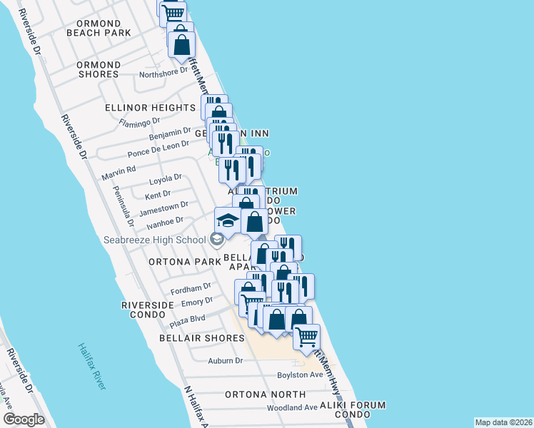map of restaurants, bars, coffee shops, grocery stores, and more near 2900 South Atlantic Avenue in Daytona Beach