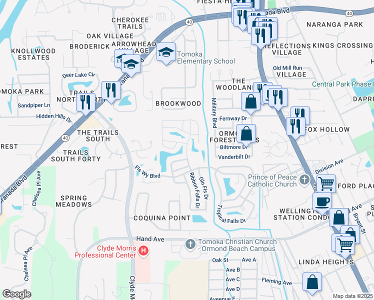 map of restaurants, bars, coffee shops, grocery stores, and more near 19-29 Linden Falls Drive in Ormond Beach