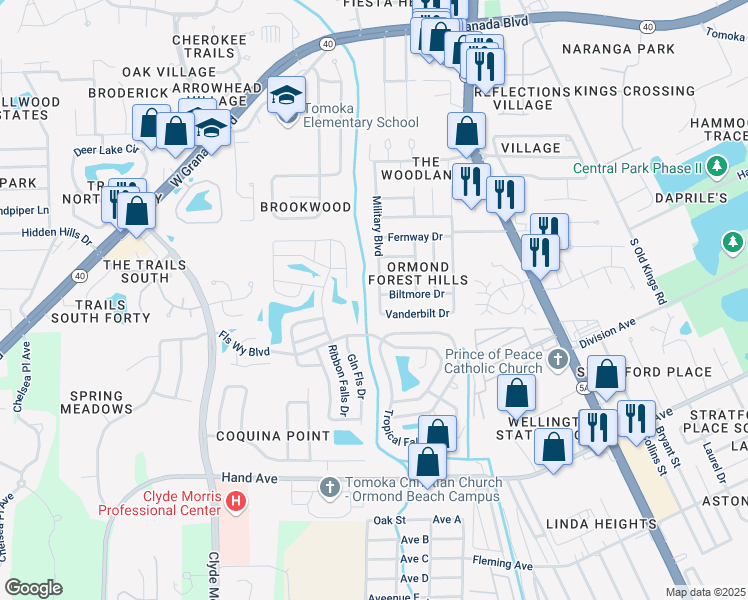 map of restaurants, bars, coffee shops, grocery stores, and more near 400 Military Boulevard in Ormond Beach