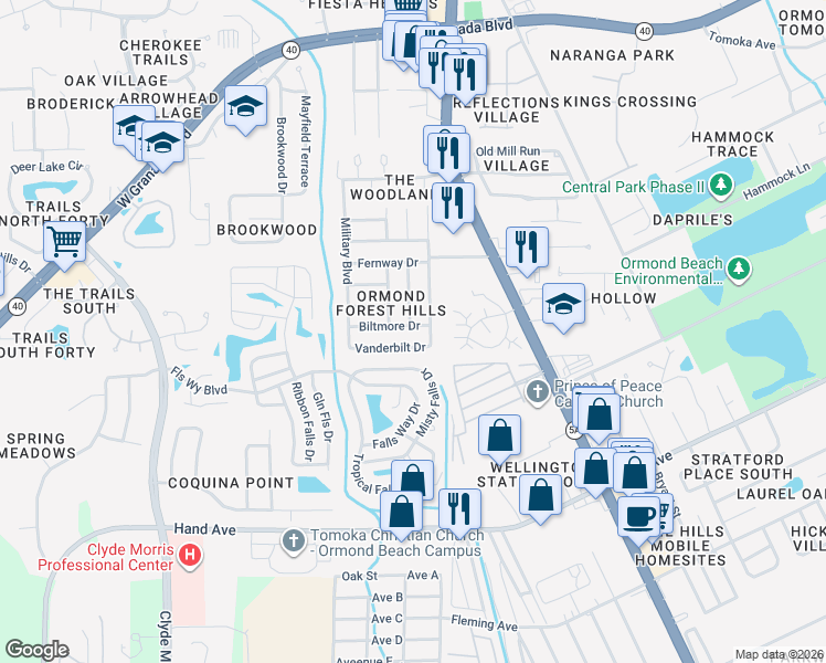 map of restaurants, bars, coffee shops, grocery stores, and more near 1211 Vanderbilt Drive in Ormond Beach