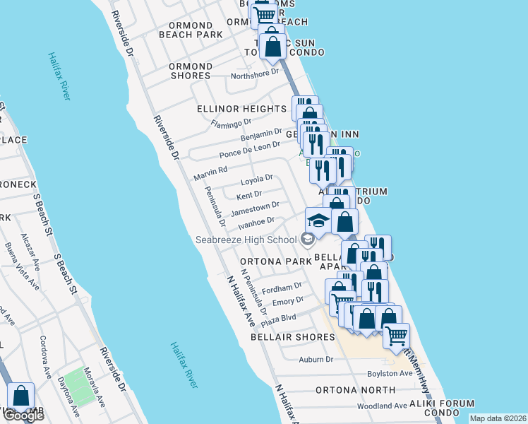 map of restaurants, bars, coffee shops, grocery stores, and more near 122 Ivanhoe Drive in Ormond Beach