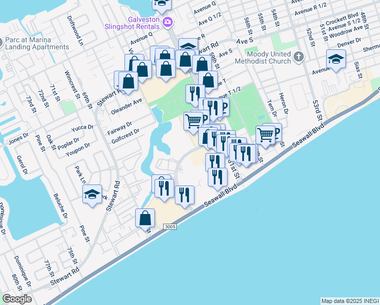 map of restaurants, bars, coffee shops, grocery stores, and more near 6311 Central City Boulevard in Galveston