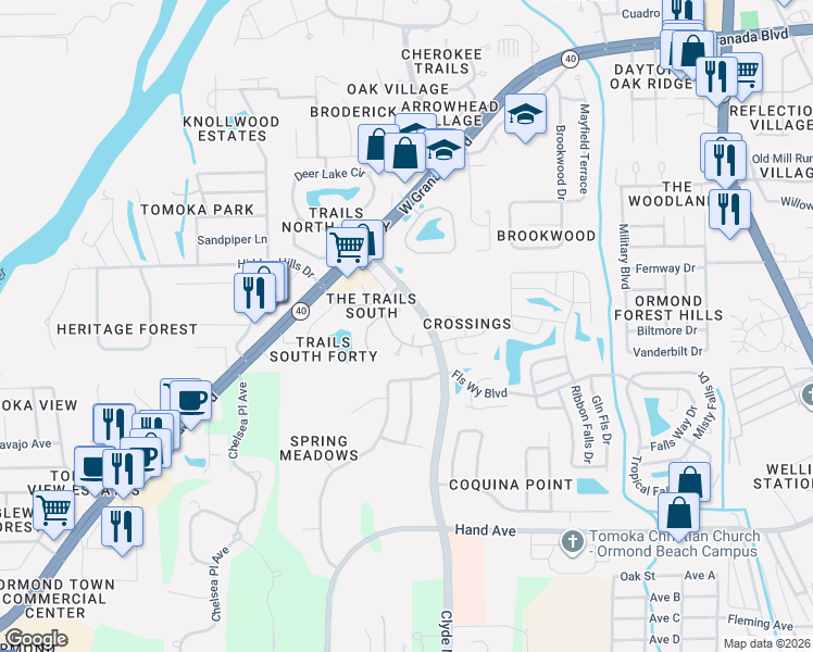 map of restaurants, bars, coffee shops, grocery stores, and more near 95 Oxbow Trail in Ormond Beach