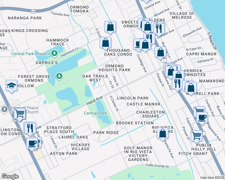 map of restaurants, bars, coffee shops, grocery stores, and more near 338 Fir Street in Ormond Beach