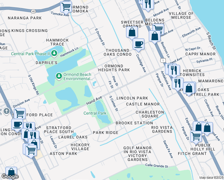 map of restaurants, bars, coffee shops, grocery stores, and more near 364 Fir Street in Ormond Beach