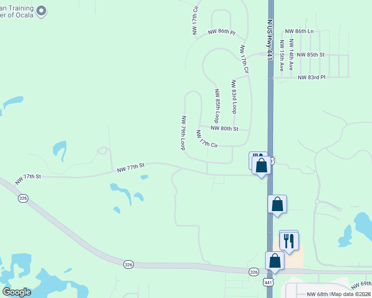 map of restaurants, bars, coffee shops, grocery stores, and more near 1934 Northwest 79th Loop in Ocala