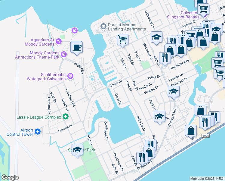 map of restaurants, bars, coffee shops, grocery stores, and more near 2417 Gerol Drive in Galveston