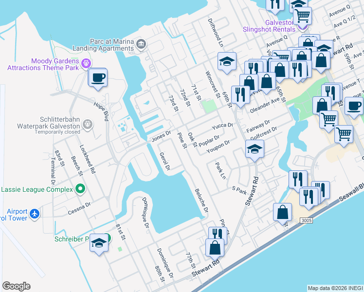 map of restaurants, bars, coffee shops, grocery stores, and more near 2413 Pine Street in Galveston