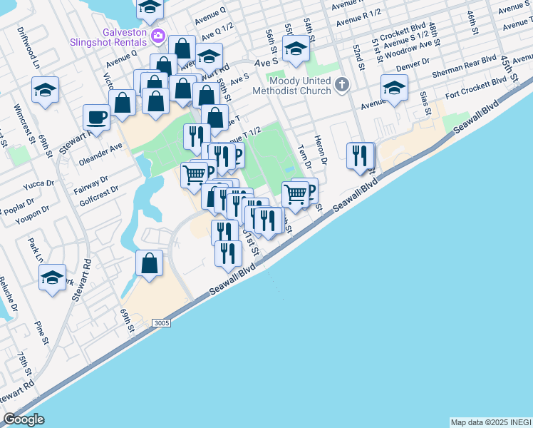 map of restaurants, bars, coffee shops, grocery stores, and more near 3219 59th Street in Galveston