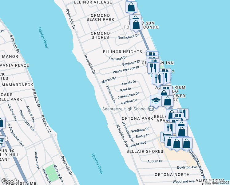 map of restaurants, bars, coffee shops, grocery stores, and more near 46 Loyola Drive in Ormond Beach