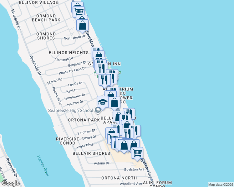 map of restaurants, bars, coffee shops, grocery stores, and more near 869 South Atlantic Avenue in Ormond Beach