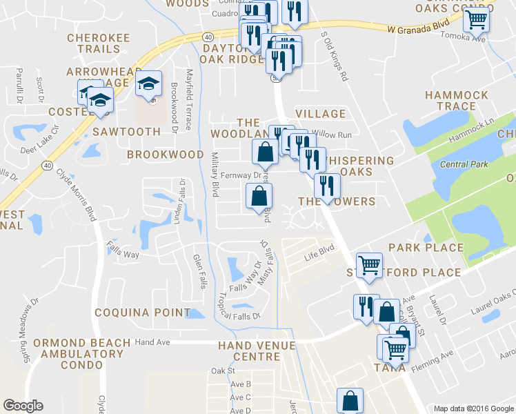 map of restaurants, bars, coffee shops, grocery stores, and more near 353 Thackery Road in Ormond Beach