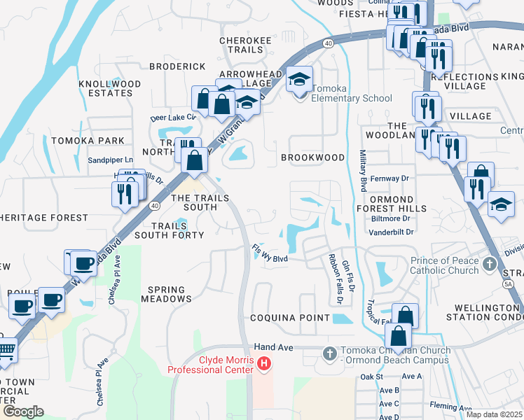 map of restaurants, bars, coffee shops, grocery stores, and more near 5 Pine Shadows Trail in Ormond Beach