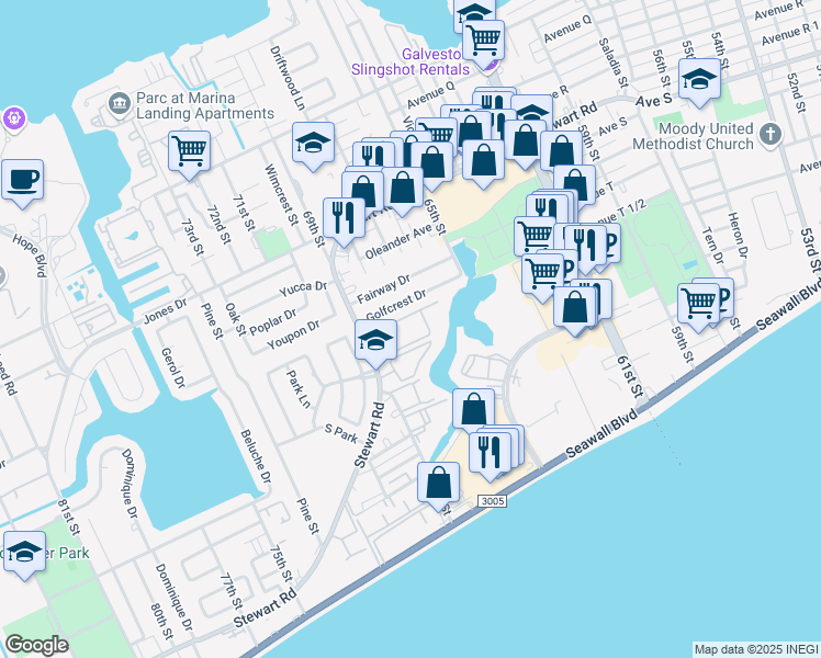 map of restaurants, bars, coffee shops, grocery stores, and more near 6717 Golfcrest Drive in Galveston