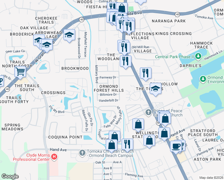 map of restaurants, bars, coffee shops, grocery stores, and more near 334 Forest Hills Boulevard in Ormond Beach