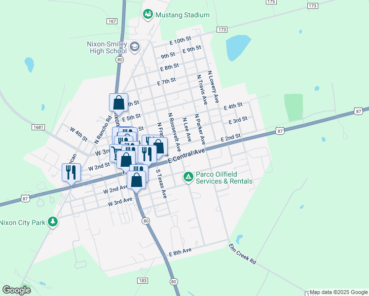 map of restaurants, bars, coffee shops, grocery stores, and more near 511 East 2nd Street in Nixon