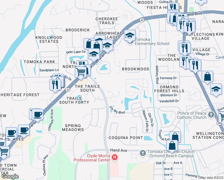 map of restaurants, bars, coffee shops, grocery stores, and more near 7 Pine Shadows Trail in Ormond Beach