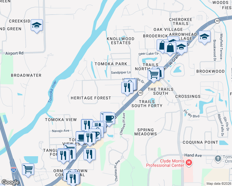 map of restaurants, bars, coffee shops, grocery stores, and more near 5 Arrowhead Drive in Ormond Beach