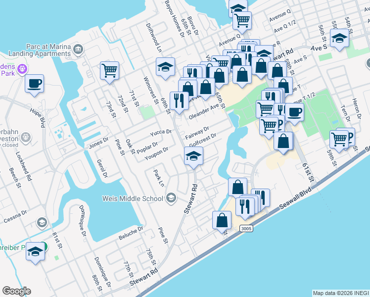 map of restaurants, bars, coffee shops, grocery stores, and more near 6999 Stewart Road in Galveston