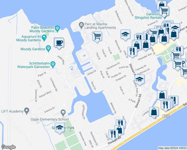 map of restaurants, bars, coffee shops, grocery stores, and more near 2405 Beluche Drive in Galveston