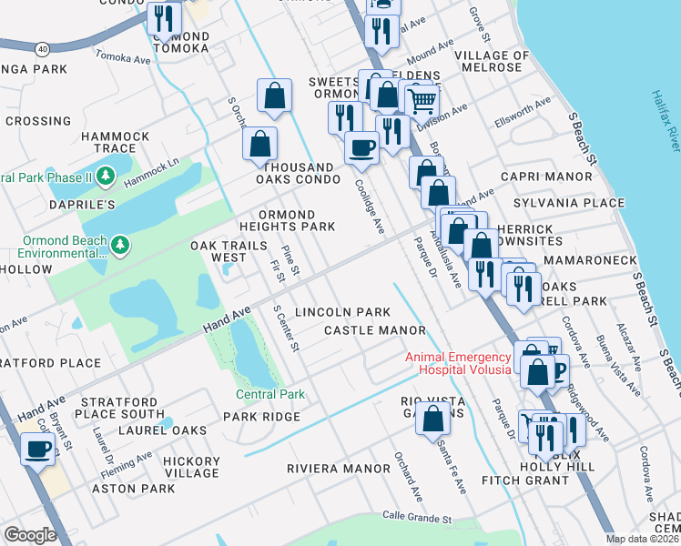 map of restaurants, bars, coffee shops, grocery stores, and more near 376 Hand Avenue in Ormond Beach