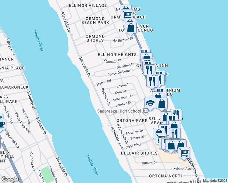 map of restaurants, bars, coffee shops, grocery stores, and more near 91 Kent Drive in Ormond Beach