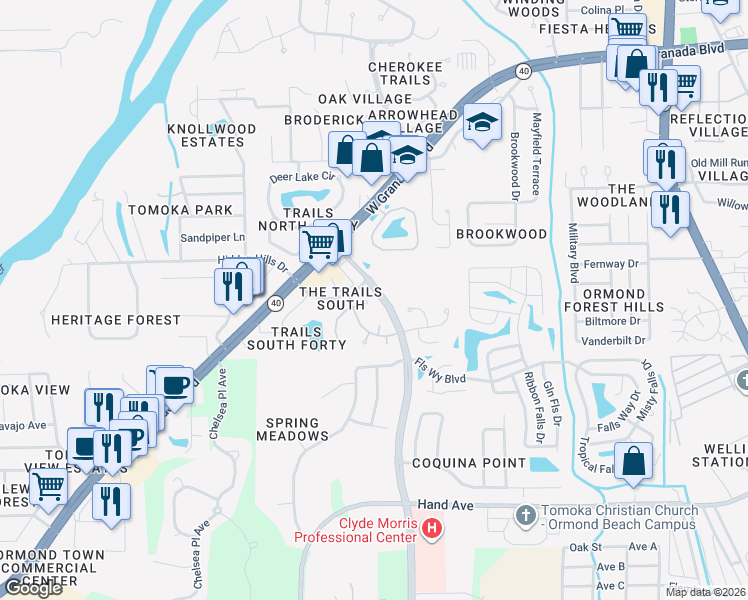 map of restaurants, bars, coffee shops, grocery stores, and more near 95 Oxbow Trail in Ormond Beach