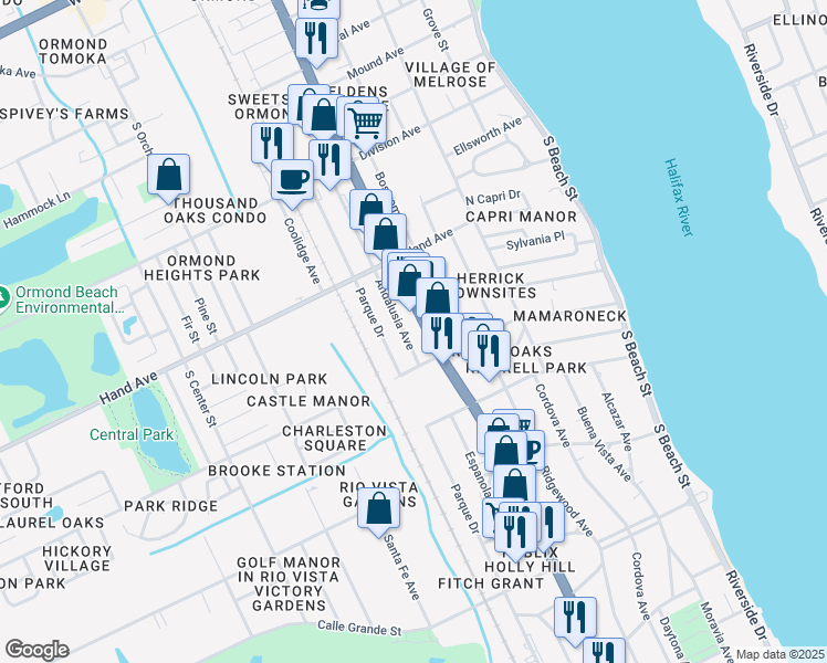 map of restaurants, bars, coffee shops, grocery stores, and more near 534 South Yonge Street in Ormond Beach