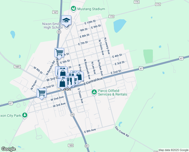 map of restaurants, bars, coffee shops, grocery stores, and more near 511 East 2nd Street in Nixon