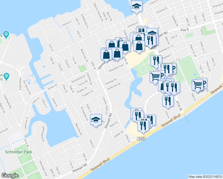 map of restaurants, bars, coffee shops, grocery stores, and more near 6805 Golf Crest Drive in Galveston