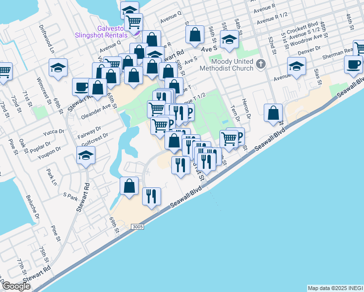 map of restaurants, bars, coffee shops, grocery stores, and more near 6311 Central City Blvd in Galveston