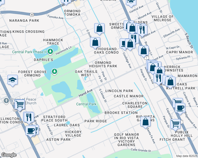 map of restaurants, bars, coffee shops, grocery stores, and more near 338 Fir Street in Ormond Beach