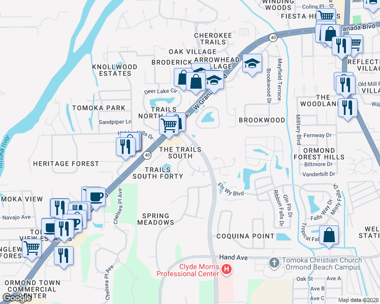 map of restaurants, bars, coffee shops, grocery stores, and more near 95 Oxbow Trail in Ormond Beach