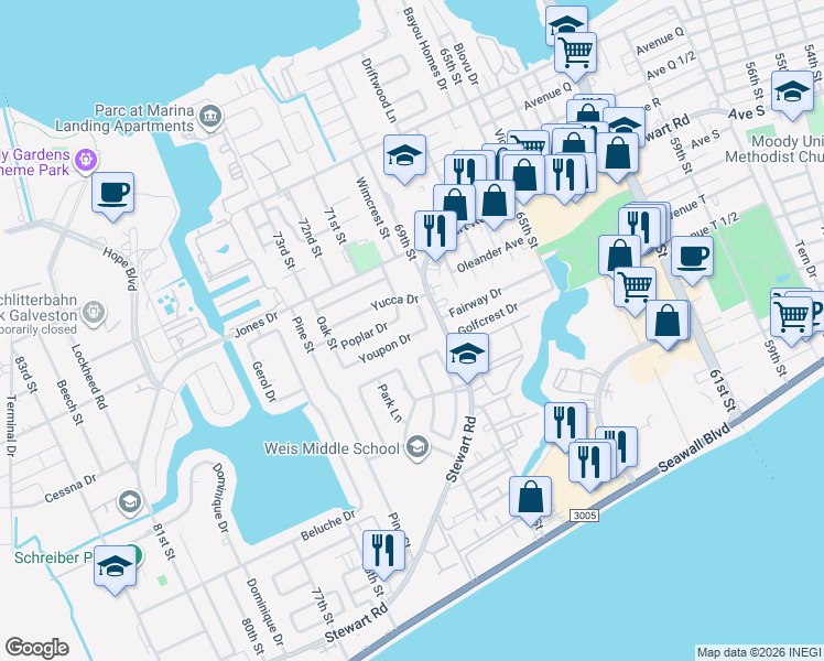map of restaurants, bars, coffee shops, grocery stores, and more near 6922 Youpon Drive in Galveston