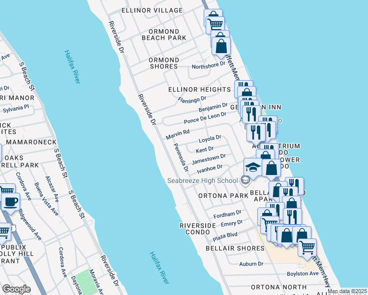 map of restaurants, bars, coffee shops, grocery stores, and more near 46 Loyola Drive in Ormond Beach
