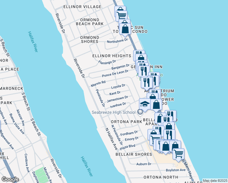 map of restaurants, bars, coffee shops, grocery stores, and more near 91 Kent Dr in Ormond Beach