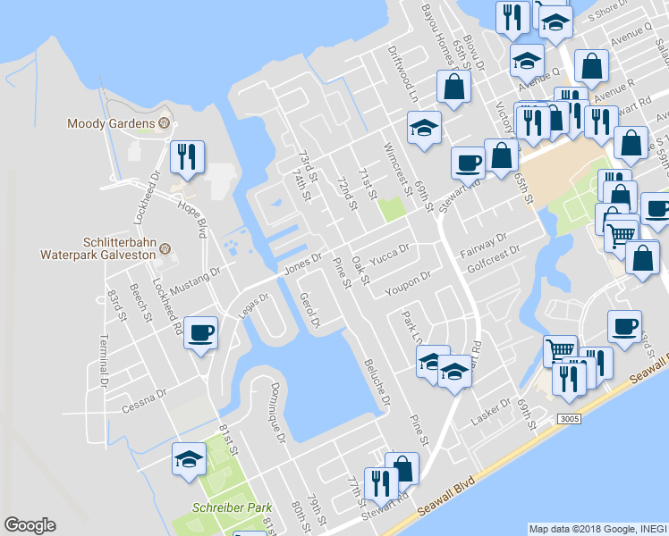 map of restaurants, bars, coffee shops, grocery stores, and more near 2413 Pine Street in Galveston