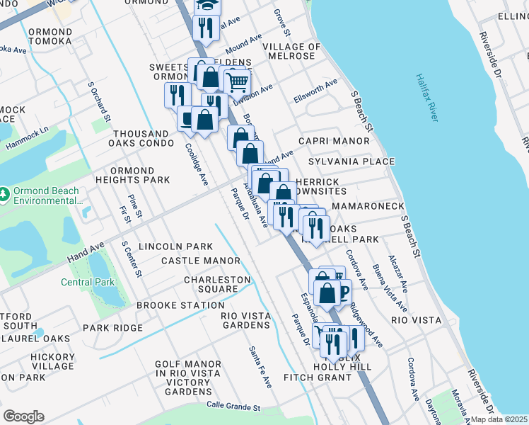 map of restaurants, bars, coffee shops, grocery stores, and more near 534 South Yonge Street in Ormond Beach