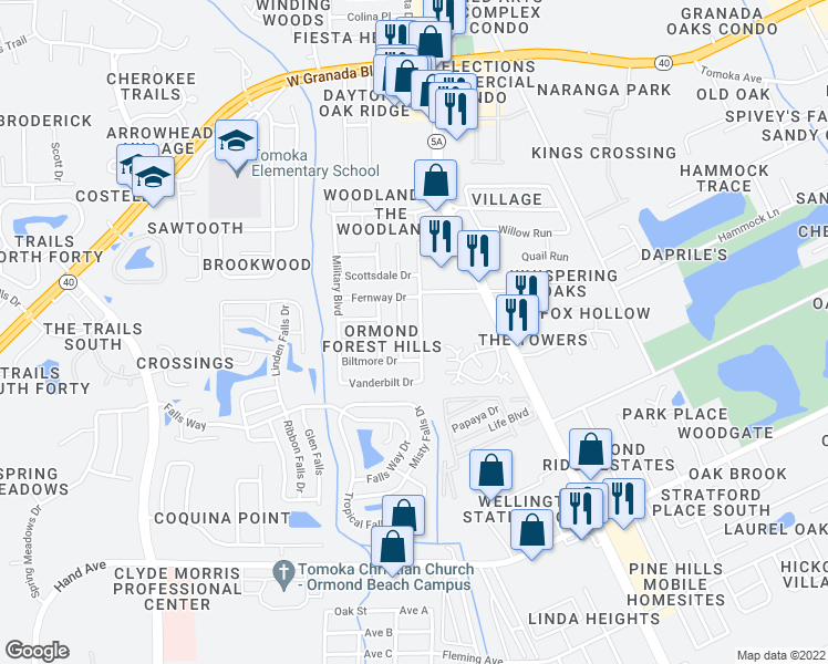 map of restaurants, bars, coffee shops, grocery stores, and more near 334 Forest Hills Blvd in Ormond Beach