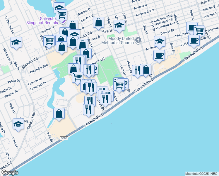 map of restaurants, bars, coffee shops, grocery stores, and more near 3219 59th Street in Galveston
