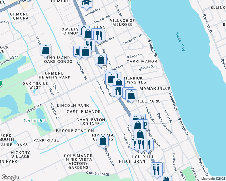 map of restaurants, bars, coffee shops, grocery stores, and more near 534 South Yonge Street in Ormond Beach