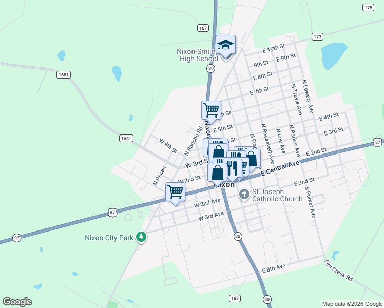 map of restaurants, bars, coffee shops, grocery stores, and more near 205 West 4th Street in Nixon