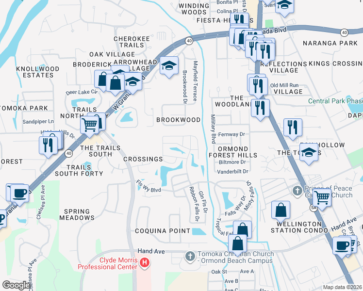map of restaurants, bars, coffee shops, grocery stores, and more near 5 Rainbow Falls Drive in Ormond Beach